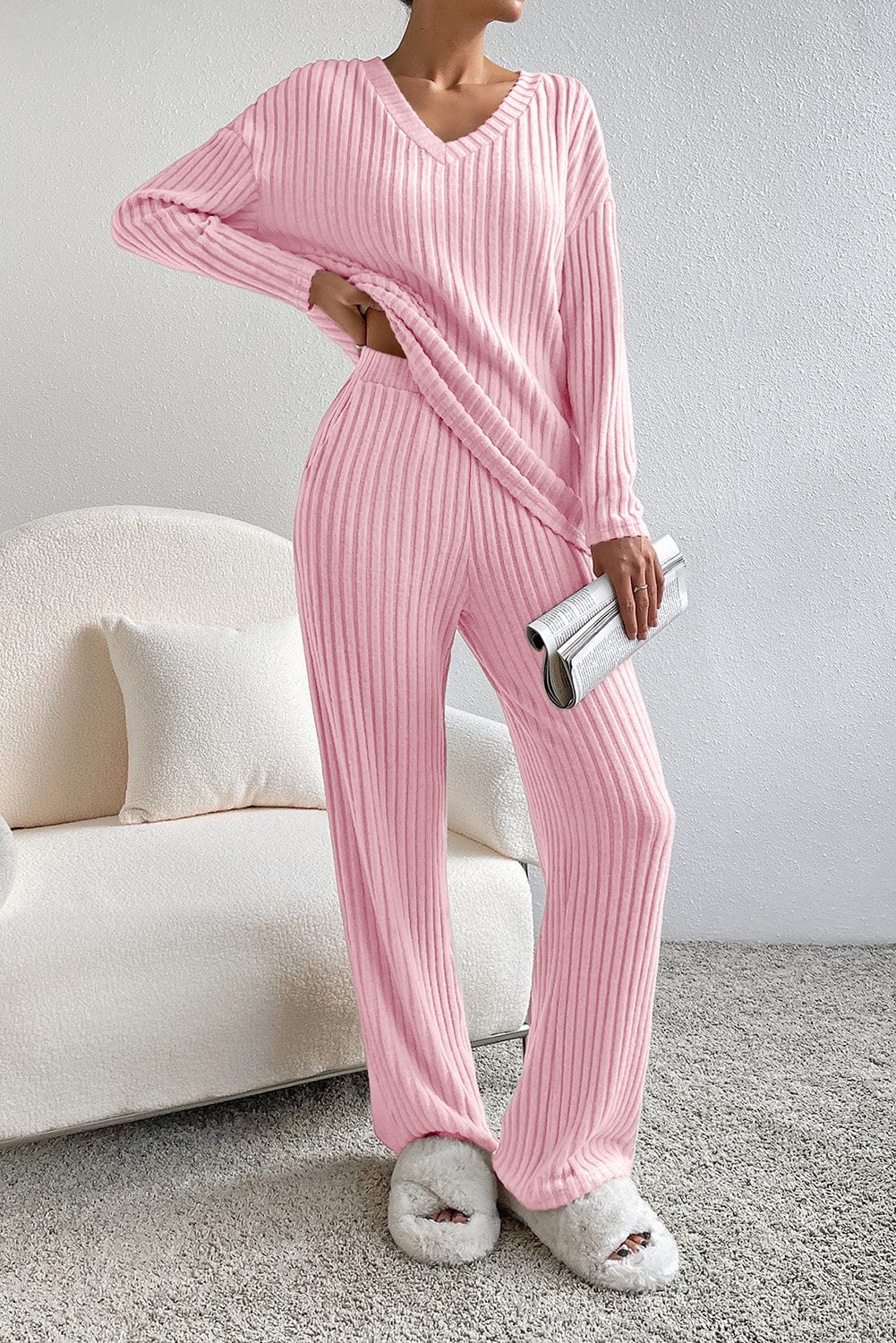 Light Pink Ribbed Knit V Neck Slouchy Two-piece Outfit – Shoppe EZR