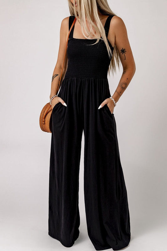 Shoppe EZR Bottoms Black / XS / 100%Polyester Black Smocked Sleeveless Wide Leg Jumpsuit with Pockets