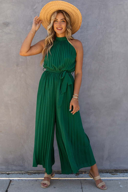 Shoppe EZR Bottoms Green / S / 100%polyester Green Halter Neck Pleated Wide Leg Jumpsuit with Belt