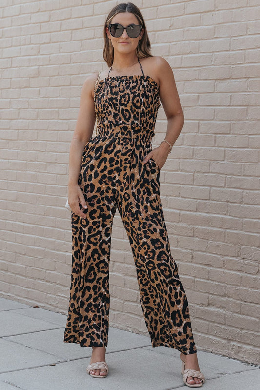 Shoppe EZR Bottoms Leopard / S / 100%Polyester Leopard Print Halter Neck Backless Wide Leg Jumpsuit