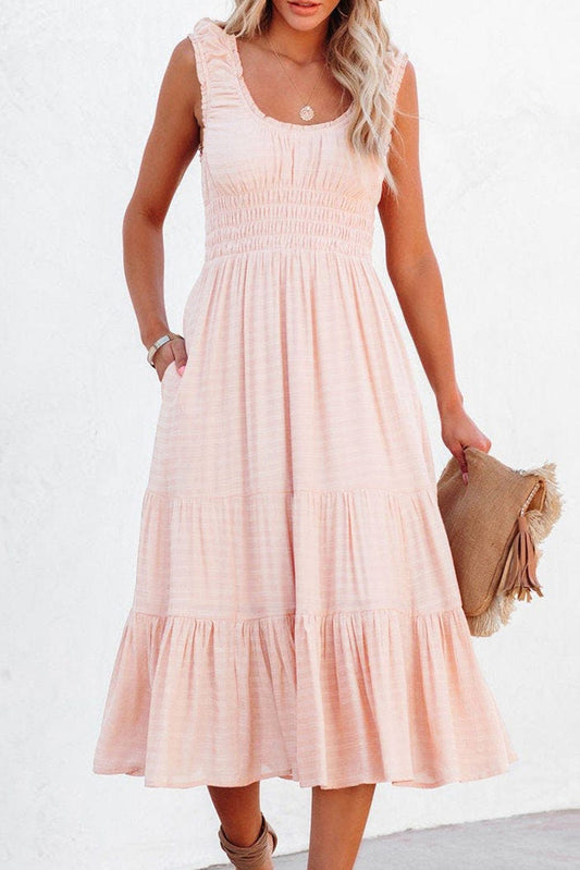 Shoppe EZR Dresses Apricot / S / 75%Viscose+25%Polyester Apricot Smocked Ruched Sleeveless High Waist Midi Dress