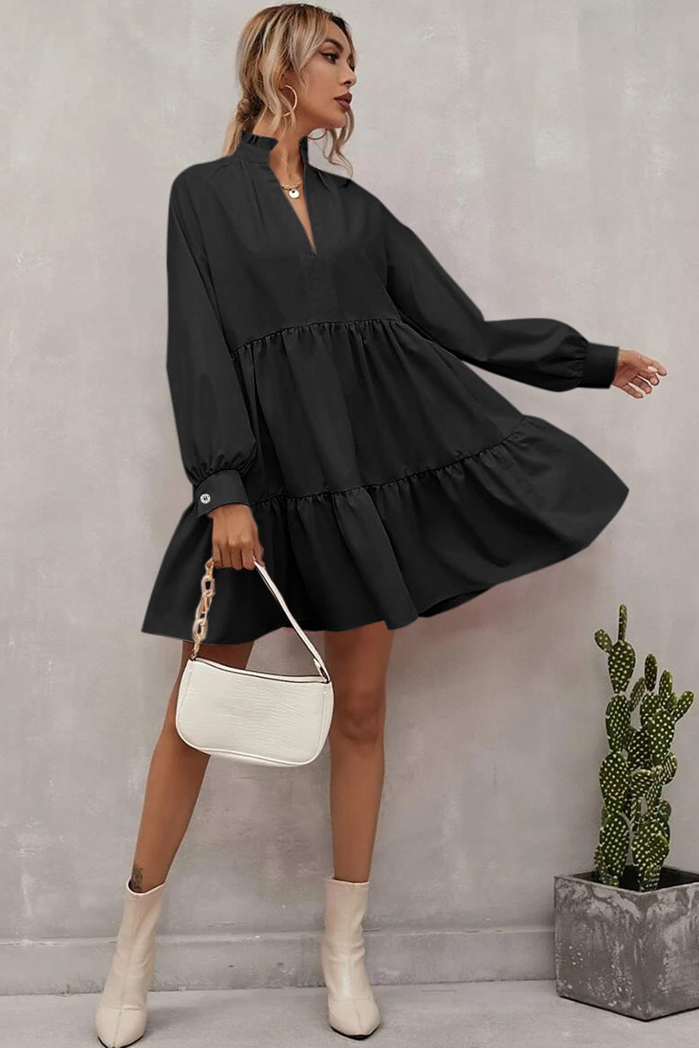 Shoppe EZR Dresses Black Frilled Stand Collar Long Sleeve Ruffle Dress