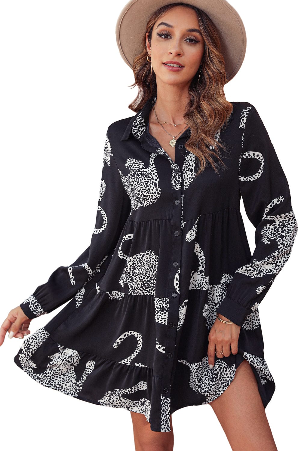 Shoppe EZR Dresses Black Leopard Print Button-up Long Sleeve Shirt Mini Dress