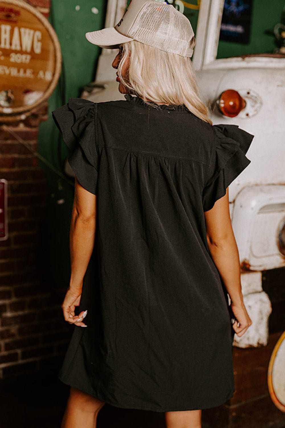 Shoppe EZR Dresses Black Ruffle Sleeve V Neck Frilled Shift Dress