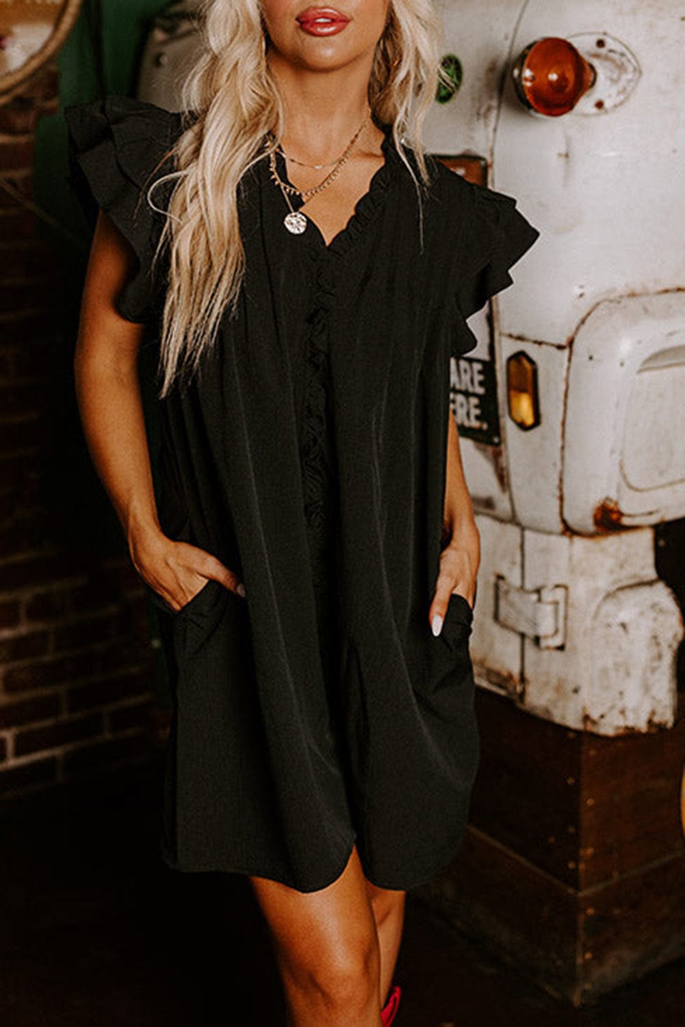 Shoppe EZR Dresses Black / S / 100%Polyester Black Ruffle Sleeve V Neck Frilled Shift Dress