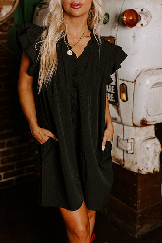 Shoppe EZR Dresses Black / S / 100%Polyester Black Ruffle Sleeve V Neck Frilled Shift Dress