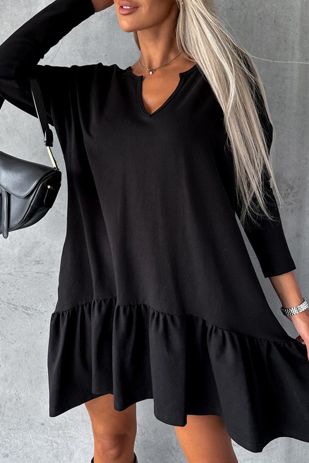 Shoppe EZR Dresses Black / S / 95%Cotton+5%Elastane Black Split Neck Long Sleeve Ruffled Loose Dress