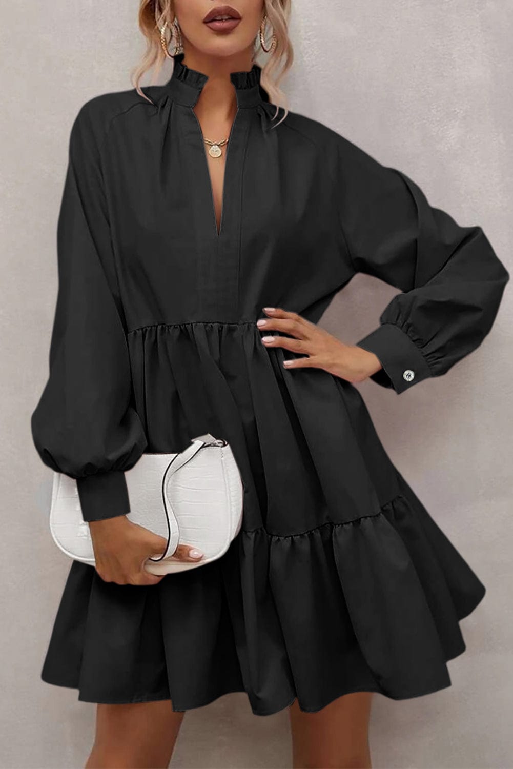 Shoppe EZR Dresses Black / S / 95%Polyester+5%Elastane Black Frilled Stand Collar Long Sleeve Ruffle Dress