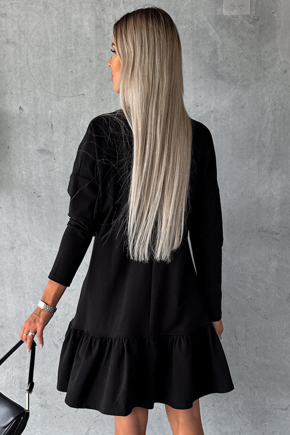 Shoppe EZR Dresses Black Split Neck Long Sleeve Ruffled Loose Dress