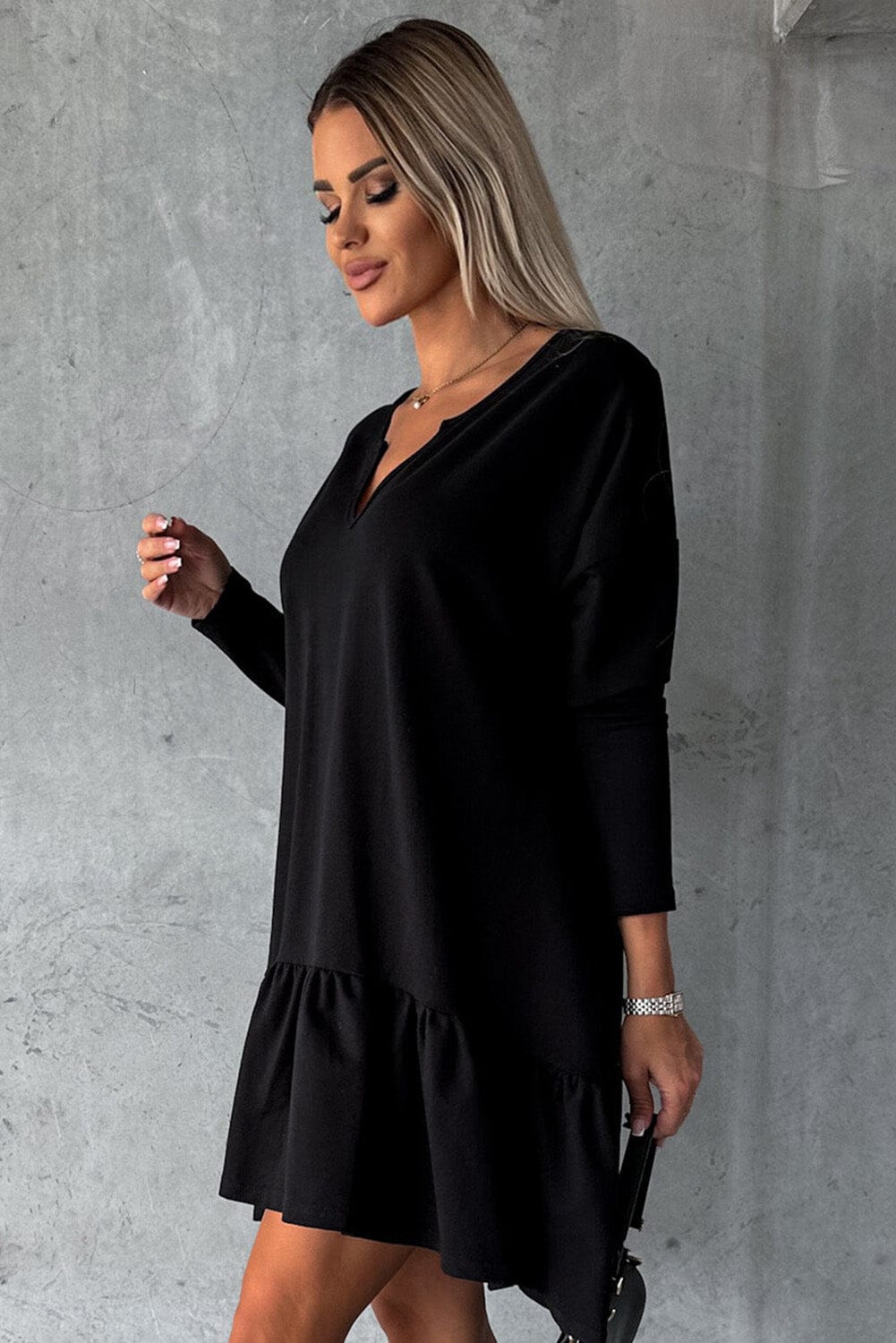 Shoppe EZR Dresses Black Split Neck Long Sleeve Ruffled Loose Dress