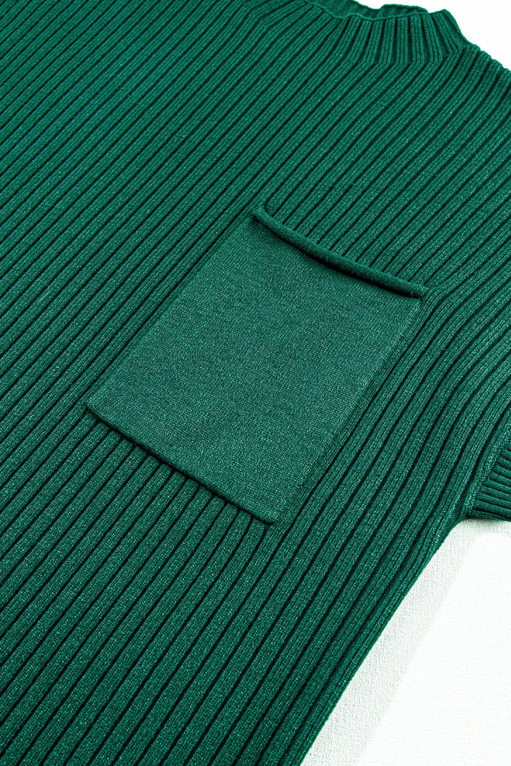 Shoppe EZR Dresses Blackish Green Patch Pocket Ribbed Knit Short Sleeve Sweater Dress