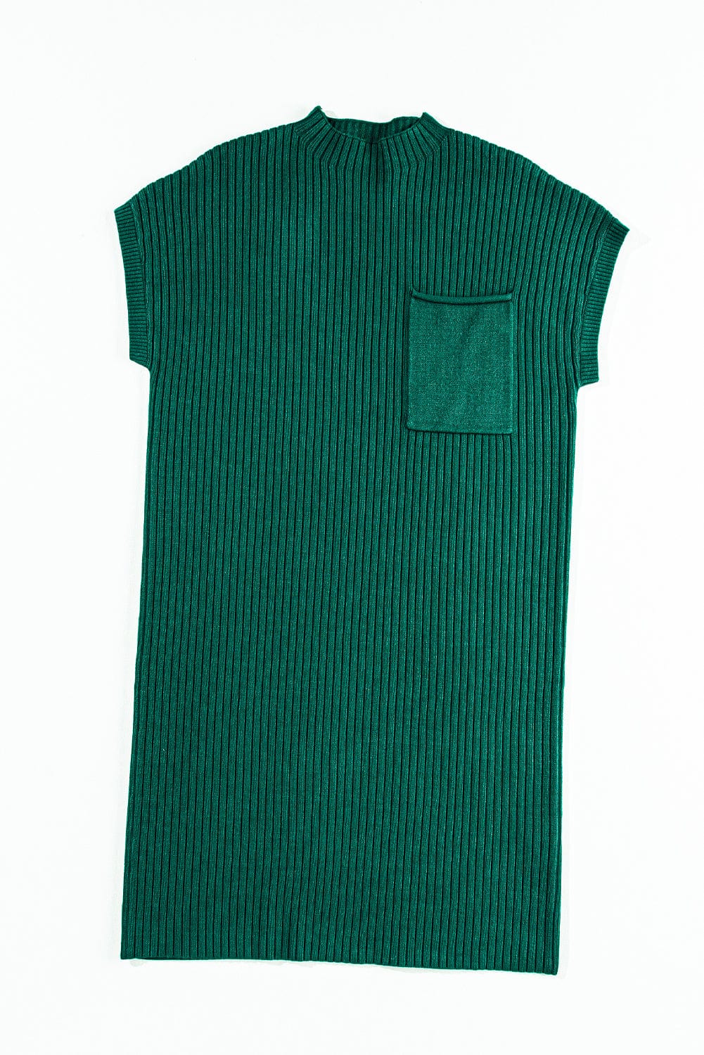 Shoppe EZR Dresses Blackish Green / S / 50%Viscose+28%Polyester+22%Polyamide Blackish Green Patch Pocket Ribbed Knit Short Sleeve Sweater Dress