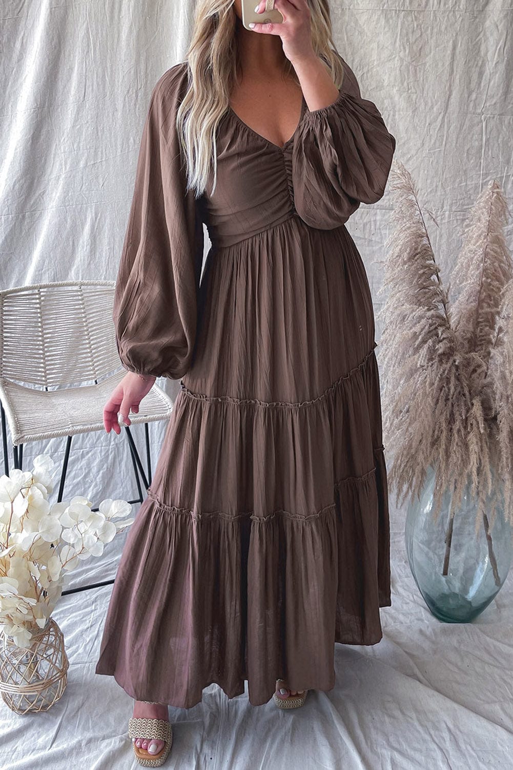 Shoppe EZR Dresses Brown / S / 80%Viscose+20%Nylon Brown V Neck Bowknot Cutout Frill Tiered Maxi Dress