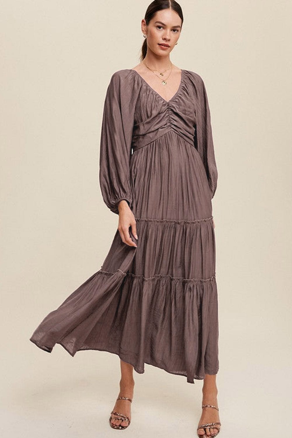 Shoppe EZR Dresses Brown V Neck Bowknot Cutout Frill Tiered Maxi Dress