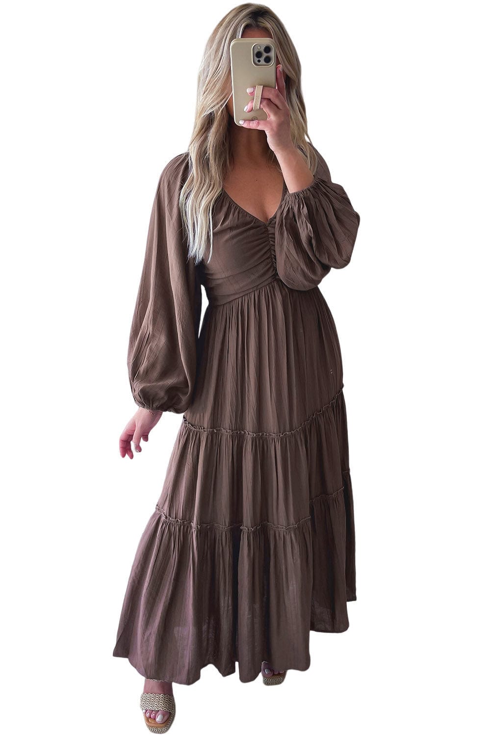 Shoppe EZR Dresses Brown V Neck Bowknot Cutout Frill Tiered Maxi Dress