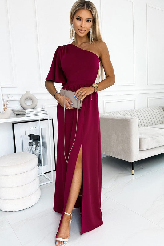 Shoppe EZR Dresses/Evening Dresses Rose / S / 95%Polyester+5%Elastane Rose One Shoulder Ruffle Sleeve Maxi Dress with Slit