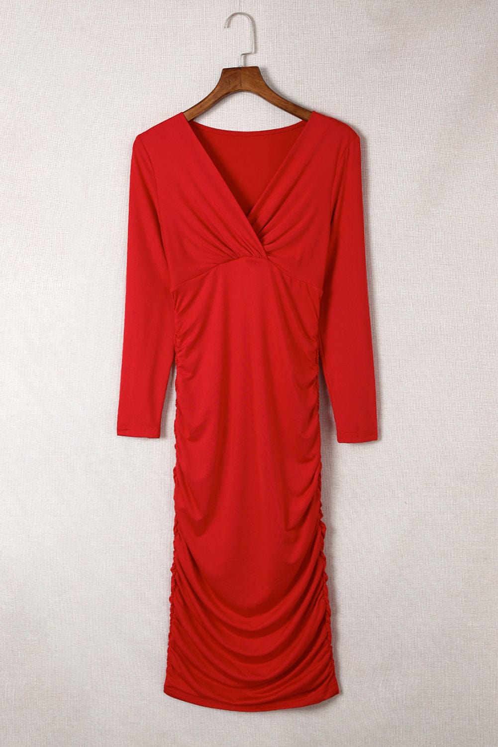 Shoppe EZR Dresses Fiery Red Long Sleeves Wrap V Neck Ruched Sheath Bodycon Dress
