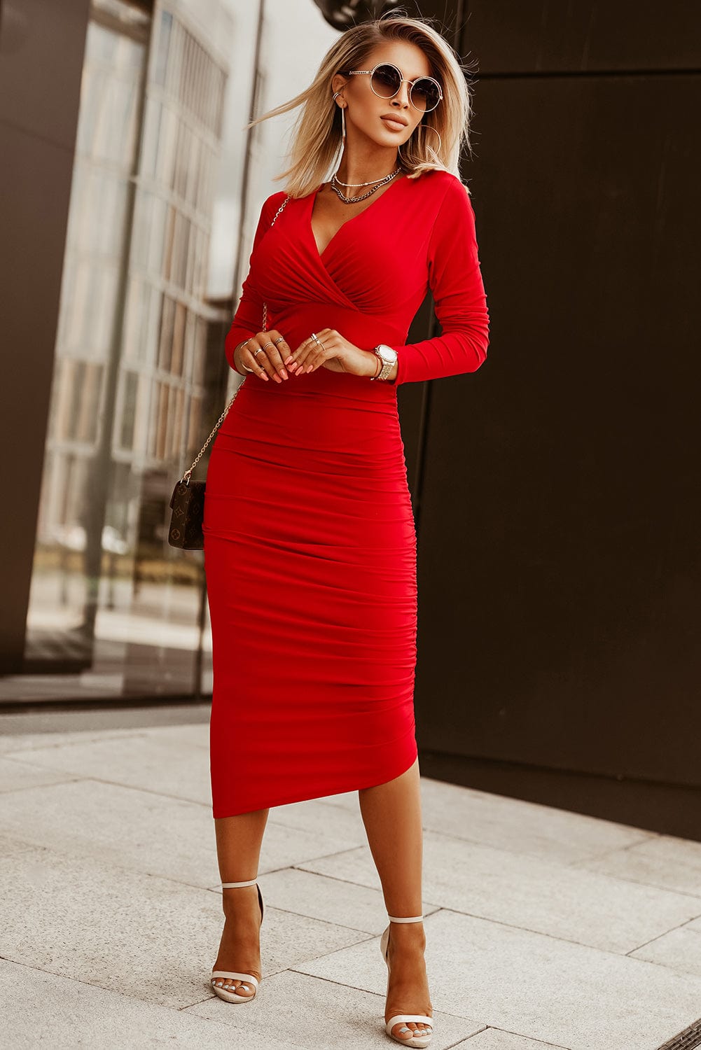 Shoppe EZR Dresses Fiery Red / XS / 90%Polyester+10%Elastane Fiery Red Long Sleeves Wrap V Neck Ruched Sheath Bodycon Dress