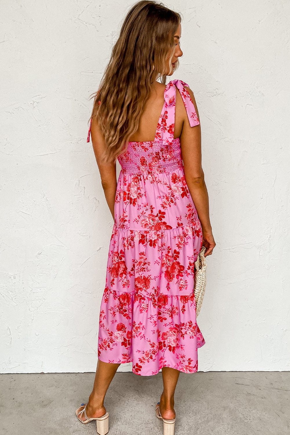 Shoppe EZR Dresses/Floral Dresses Pink Tie Shoulder Straps Tiered Floral Dress