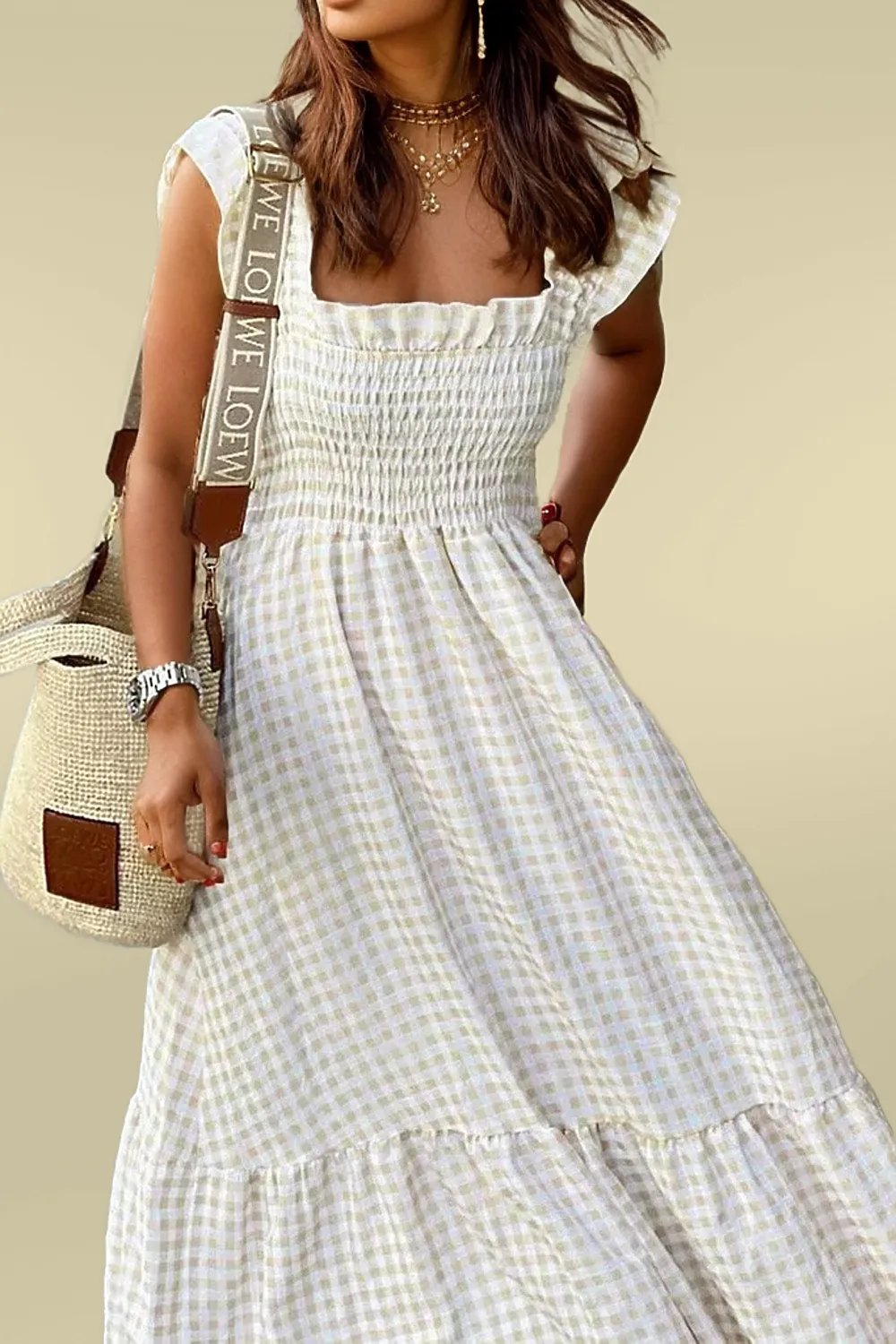 Shoppe EZR Dresses Khaki Plaid Ruffled Sleeve Smocked Maxi Dress