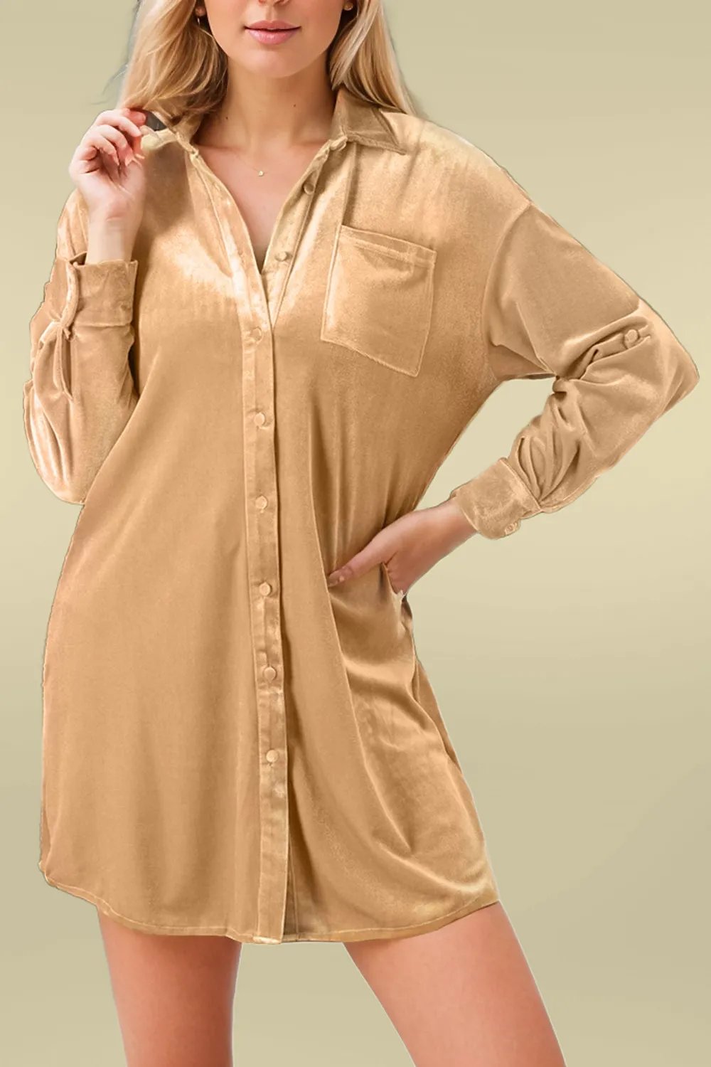 Shoppe EZR Dresses Light French Beige Velvet Button Front Shirt Mini Dress