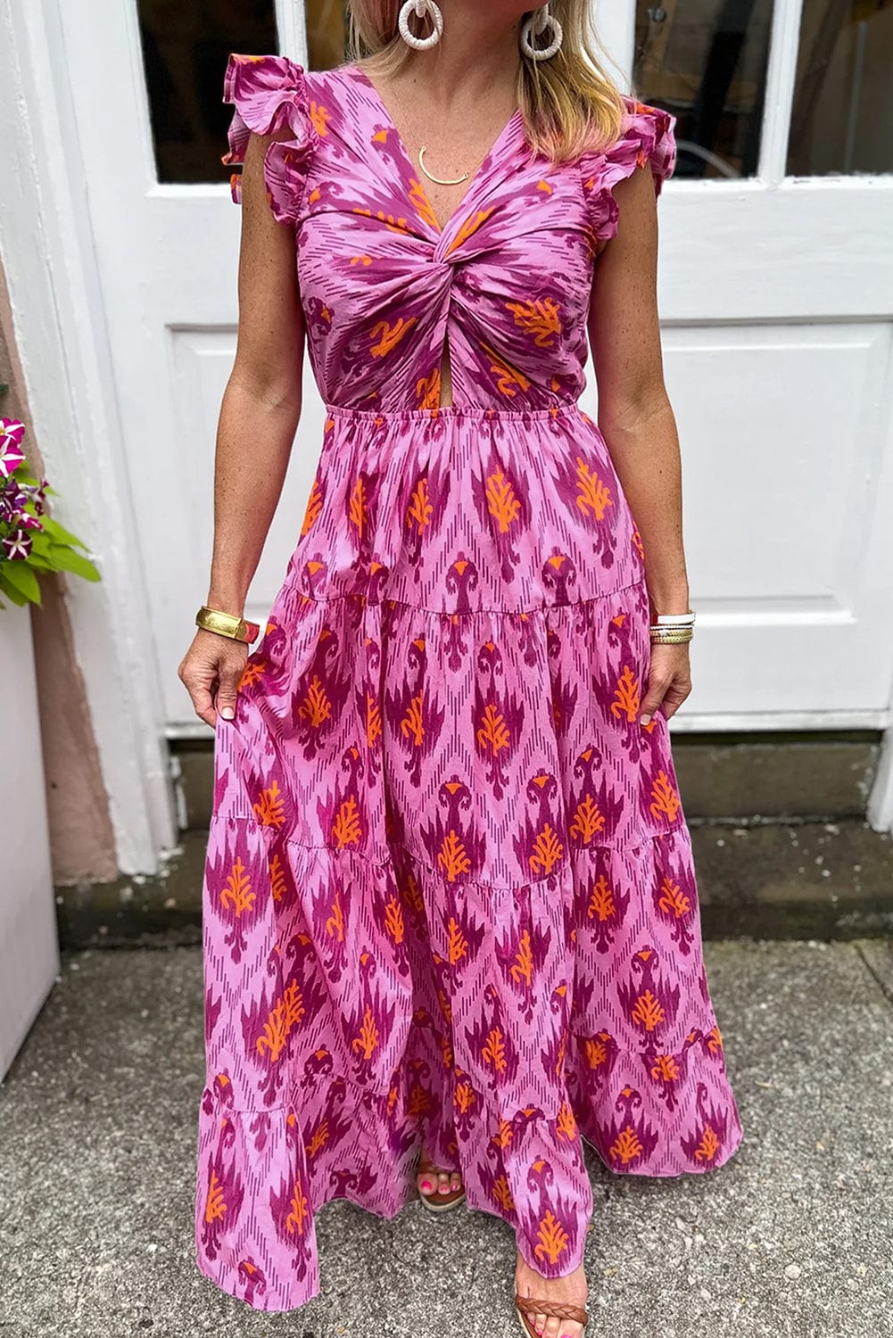Shoppe EZR Dresses/Maxi Dresses Bonbon Retro Print Twisted Front Ruffled Sleeve Maxi Dress