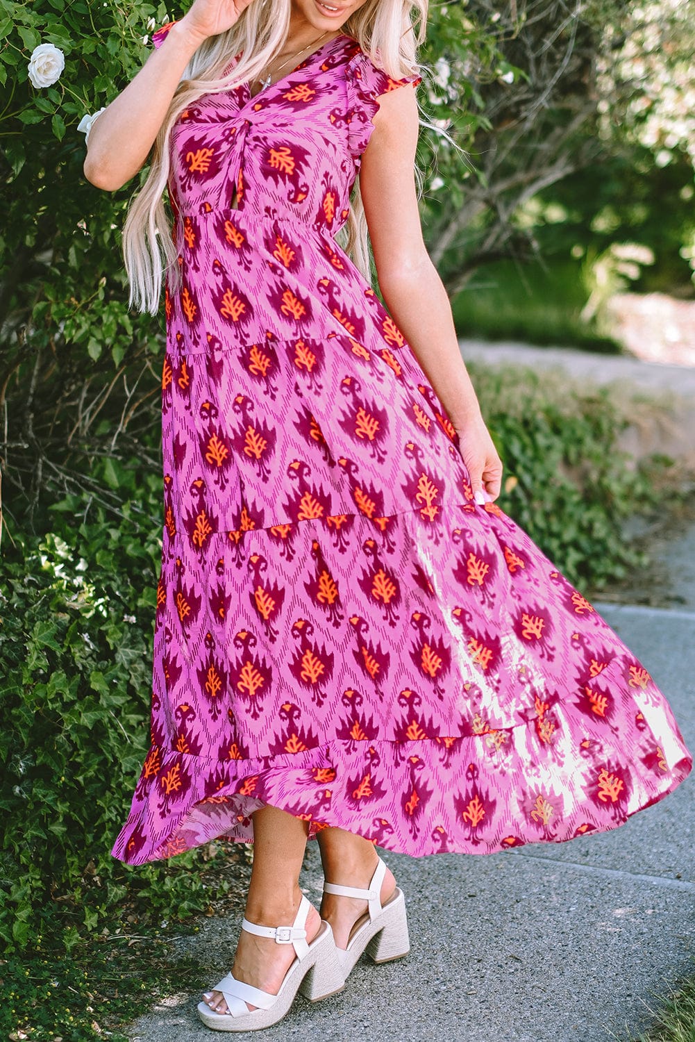 Shoppe EZR Dresses/Maxi Dresses Bonbon Retro Print Twisted Front Ruffled Sleeve Maxi Dress