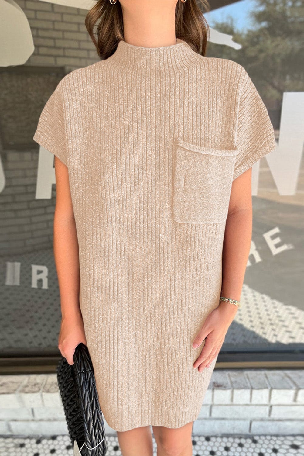 Shoppe EZR Dresses Oatmeal Patch Pocket Ribbed Knit Short Sleeve Sweater Dress