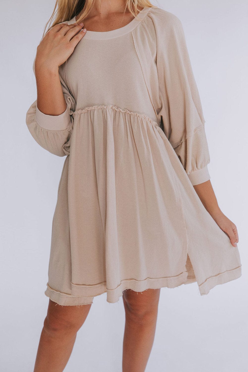 Shoppe EZR Dresses Oatmeal / S / 85%Polyester+10%Cotton+5%Elastane Oatmeal 3/4 Sleeves High Waist Slits Mini Dress