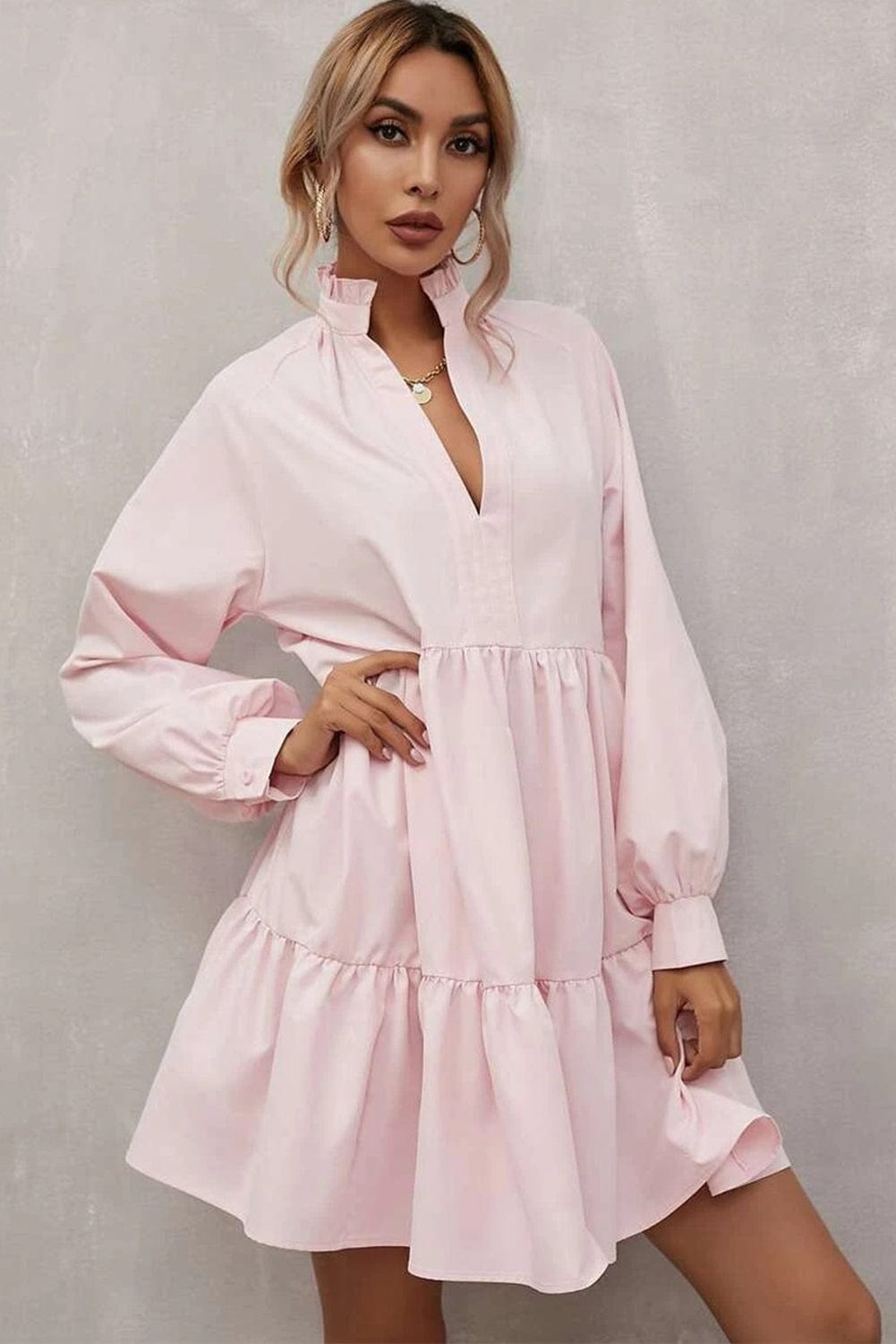 Shoppe EZR Dresses Pink Frilled Stand Collar Long Sleeve Ruffle Dress