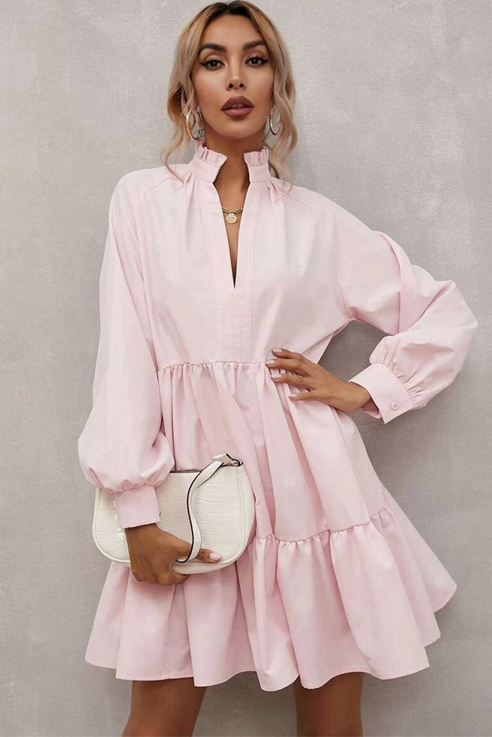Shoppe EZR Dresses Pink Frilled Stand Collar Long Sleeve Ruffle Dress