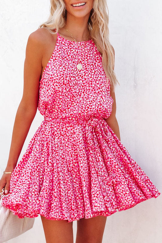 Shoppe EZR Dresses Pink / S / 100%Polyester Pink Leopard Print Sleeveless Mini Dress with Waist Tie