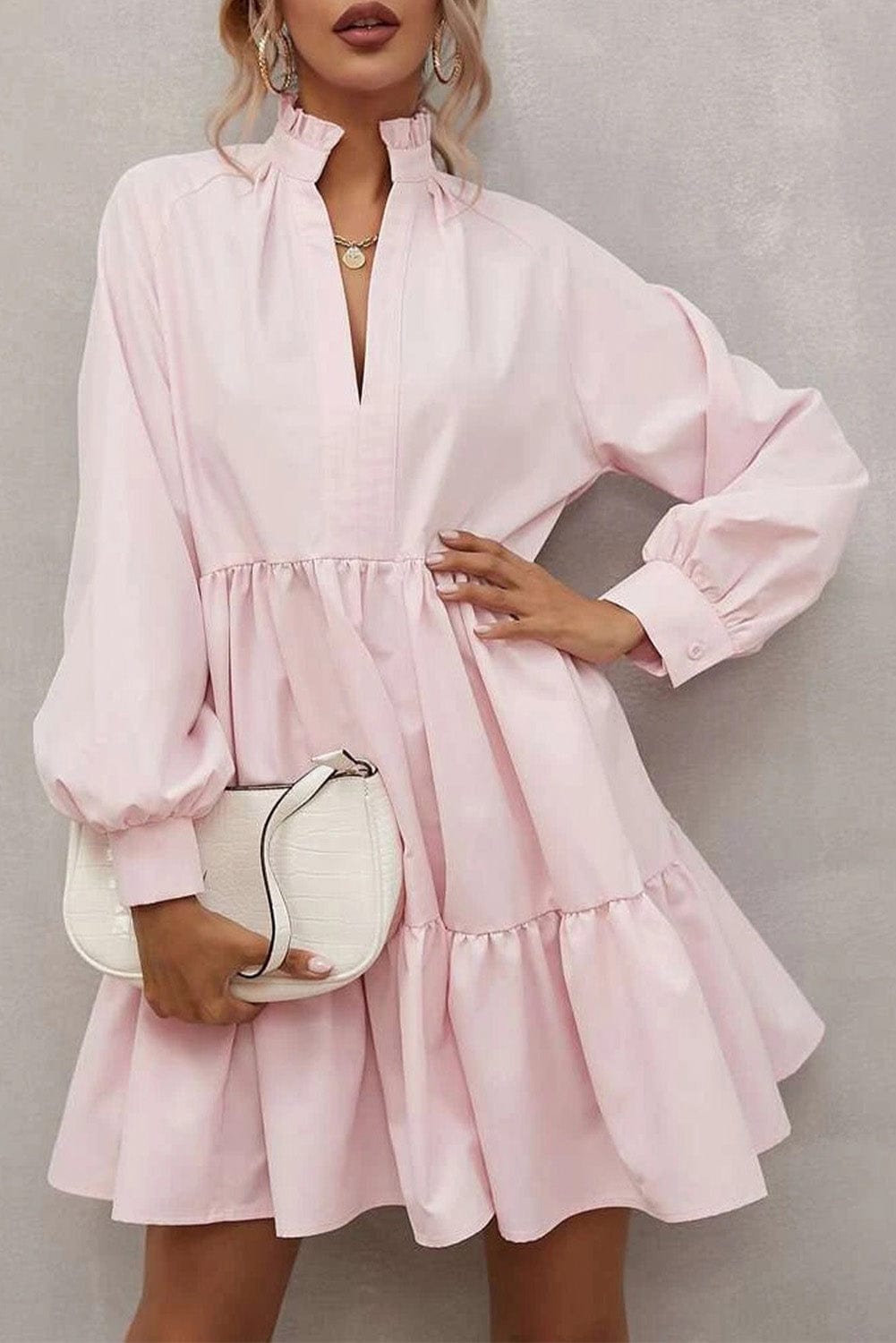 Shoppe EZR Dresses Pink / S / 95%Polyester+5%Elastane Pink Frilled Stand Collar Long Sleeve Ruffle Dress