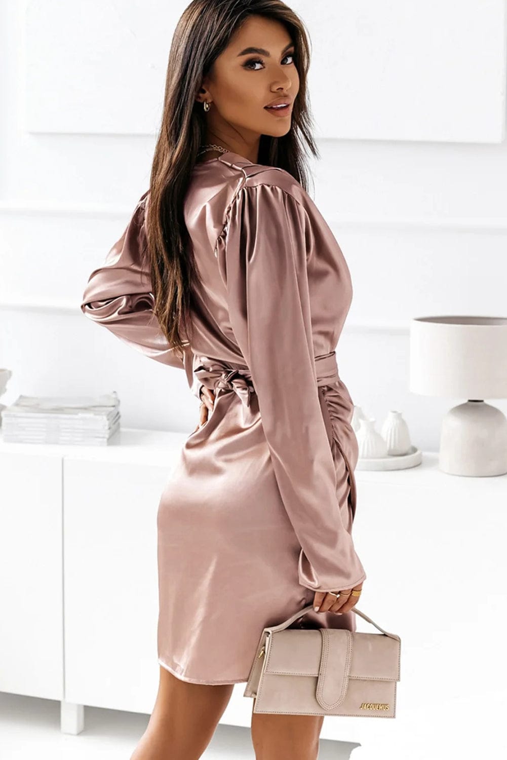 Shoppe EZR Dresses Pink Satin Ruched V-neck Wrapped Mini Dress