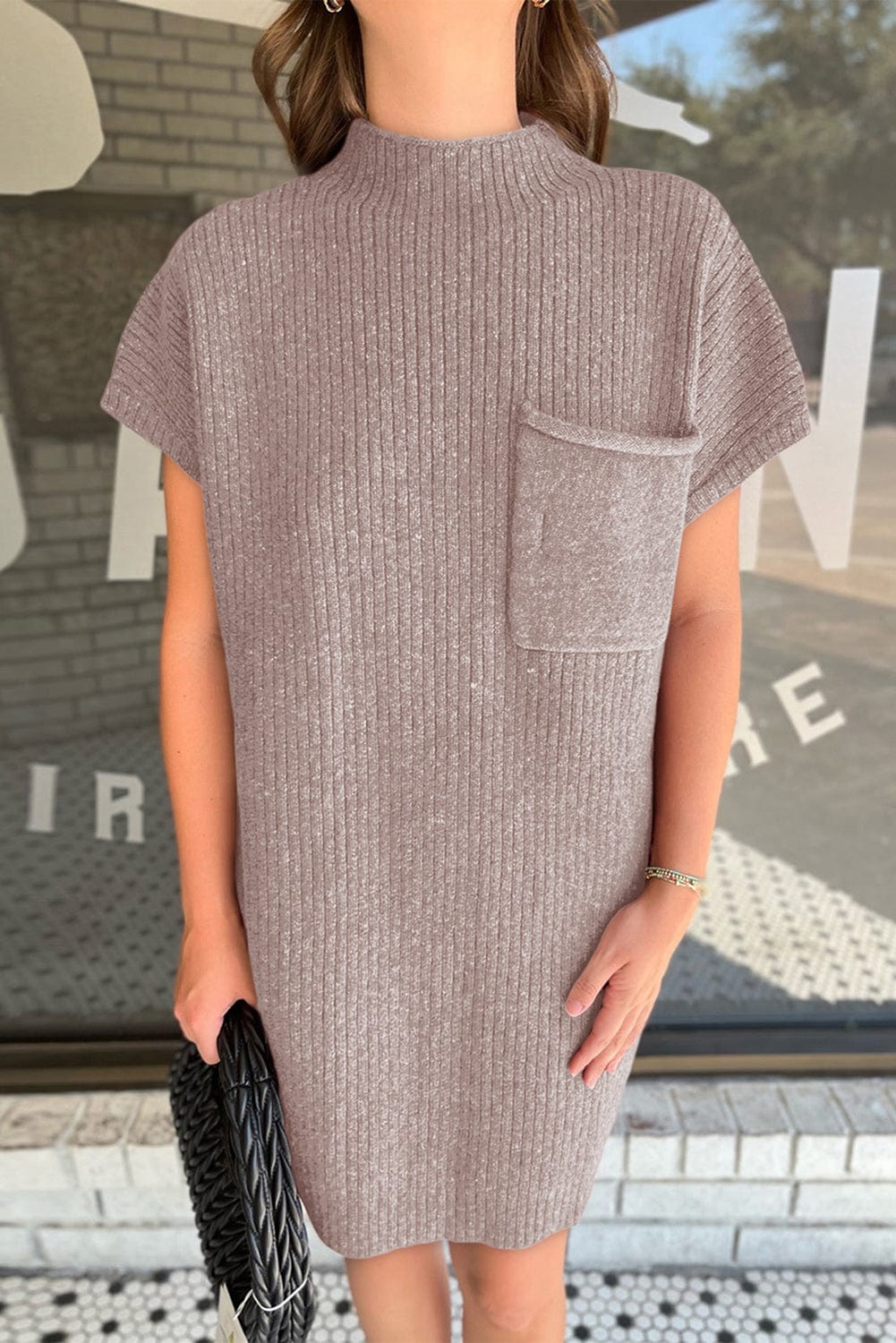 Shoppe EZR Dresses Simply Taupe Patch Pocket Ribbed Knit Short Sleeve Sweater Dress