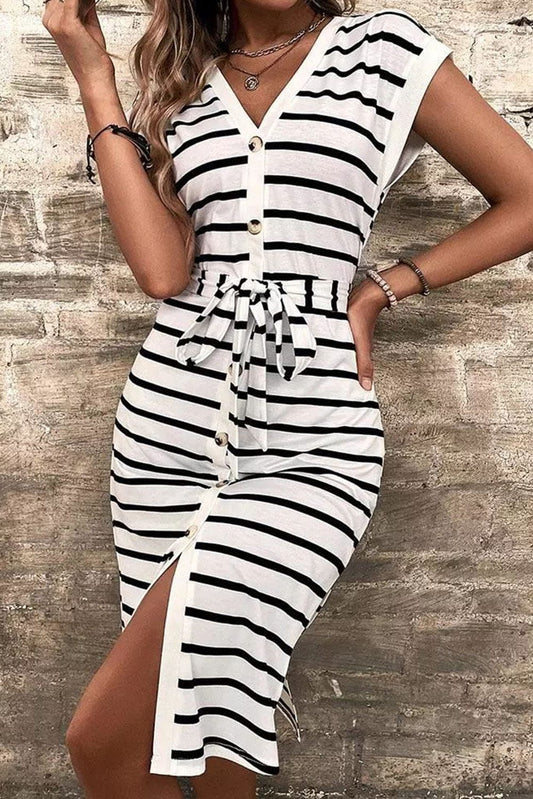 Shoppe EZR Dresses Stripe / S / 95%Polyester+5%Elastane Striped Button Slit Tie V-Neck Midi Dress