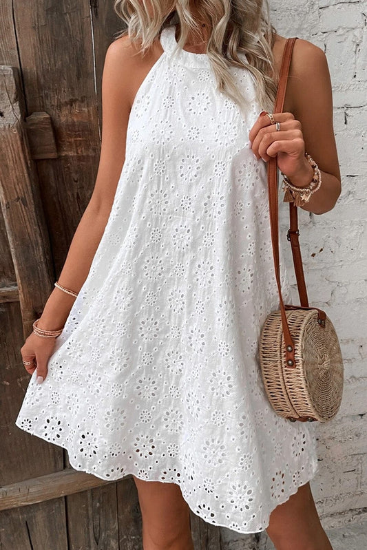 Shoppe EZR Dresses White / S / 100%Cotton White Boho Eyelet Pattern Halter Neck Sleeveless Dress
