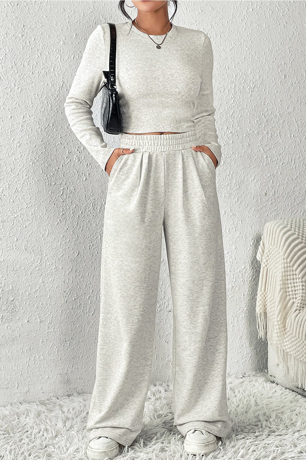 Shoppe EZR Loungewear Beige / L / 65%Polyester+35%Cotton Beige Crop Top and Wide Leg Pants Two Piece Set