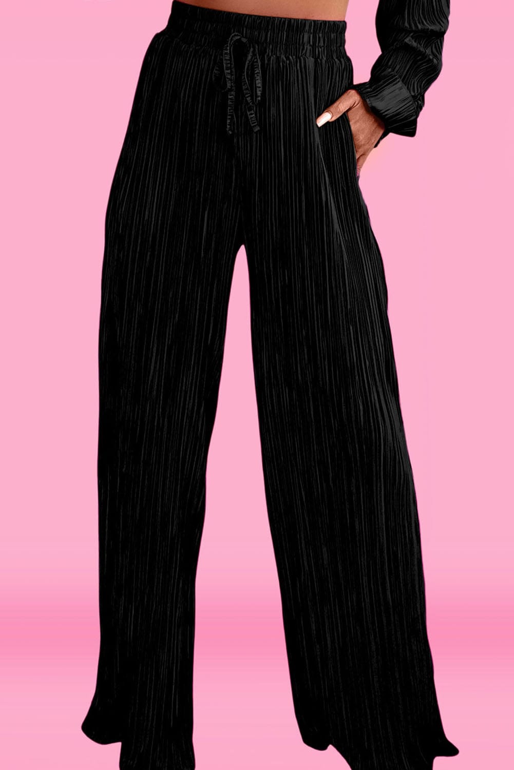 Shoppe EZR Loungewear Black Pleated Long Sleeve Shirt and Wide-Leg Pants Set