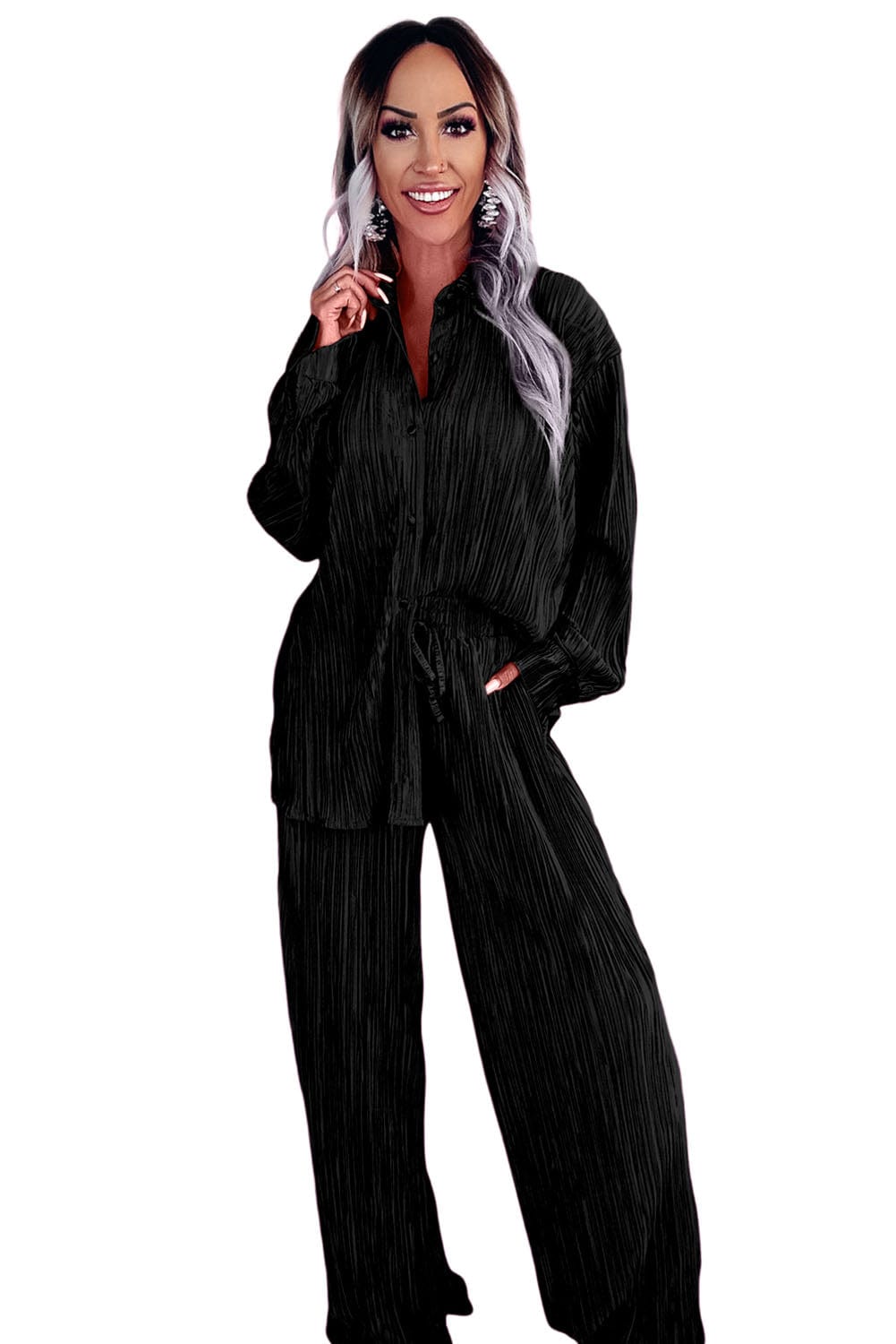 Shoppe EZR Loungewear Black Pleated Long Sleeve Shirt and Wide-Leg Pants Set