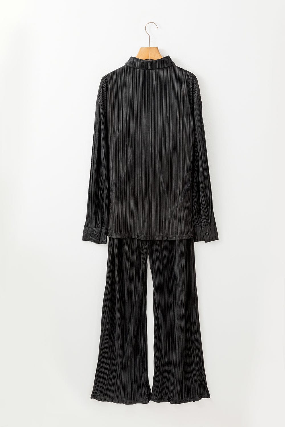 Shoppe EZR Loungewear Black Pleated Long Sleeve Shirt and Wide-Leg Pants Set