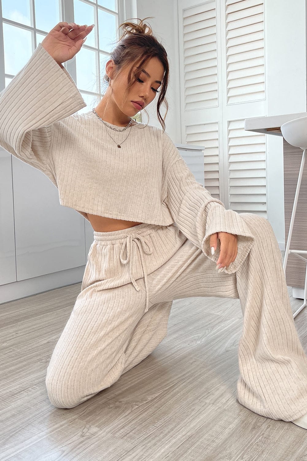 Shoppe EZR Loungewear Khaki Ribbed Knit Bell Sleeve Crop Top Drawstring Pants Set