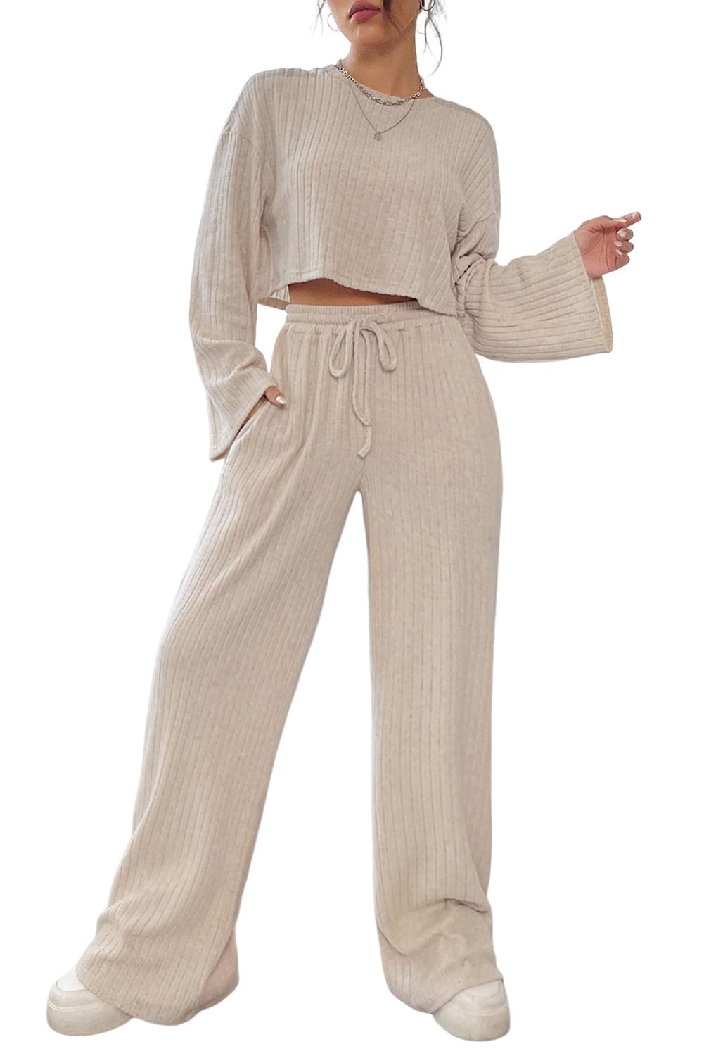 Shoppe EZR Loungewear Khaki Ribbed Knit Bell Sleeve Crop Top Drawstring Pants Set