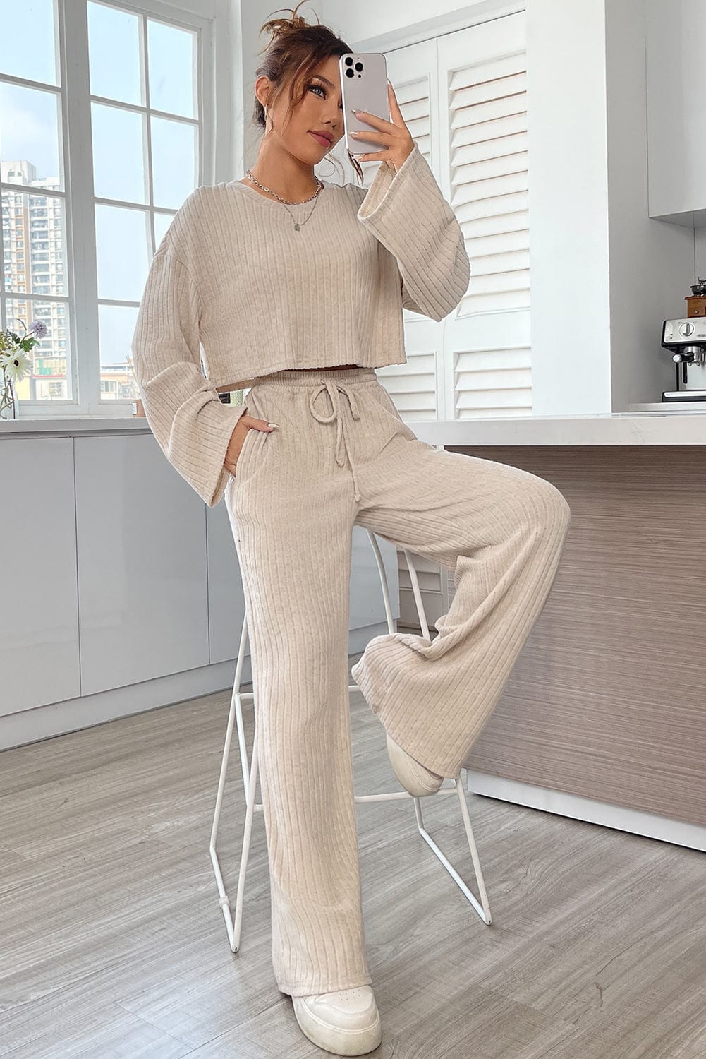 Shoppe EZR Loungewear Khaki Ribbed Knit Bell Sleeve Crop Top Drawstring Pants Set