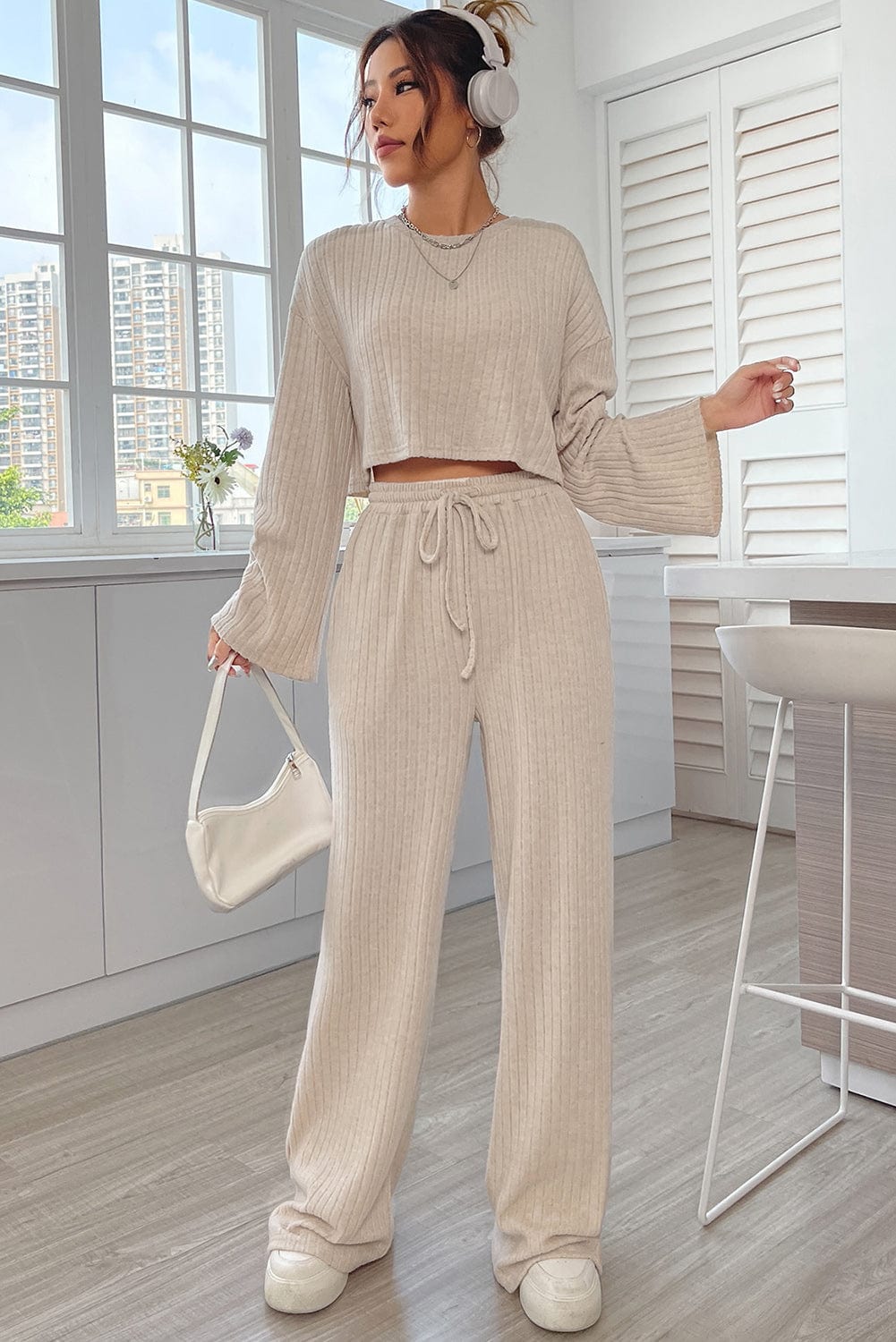 Shoppe EZR Loungewear Khaki Ribbed Knit Bell Sleeve Crop Top Drawstring Pants Set