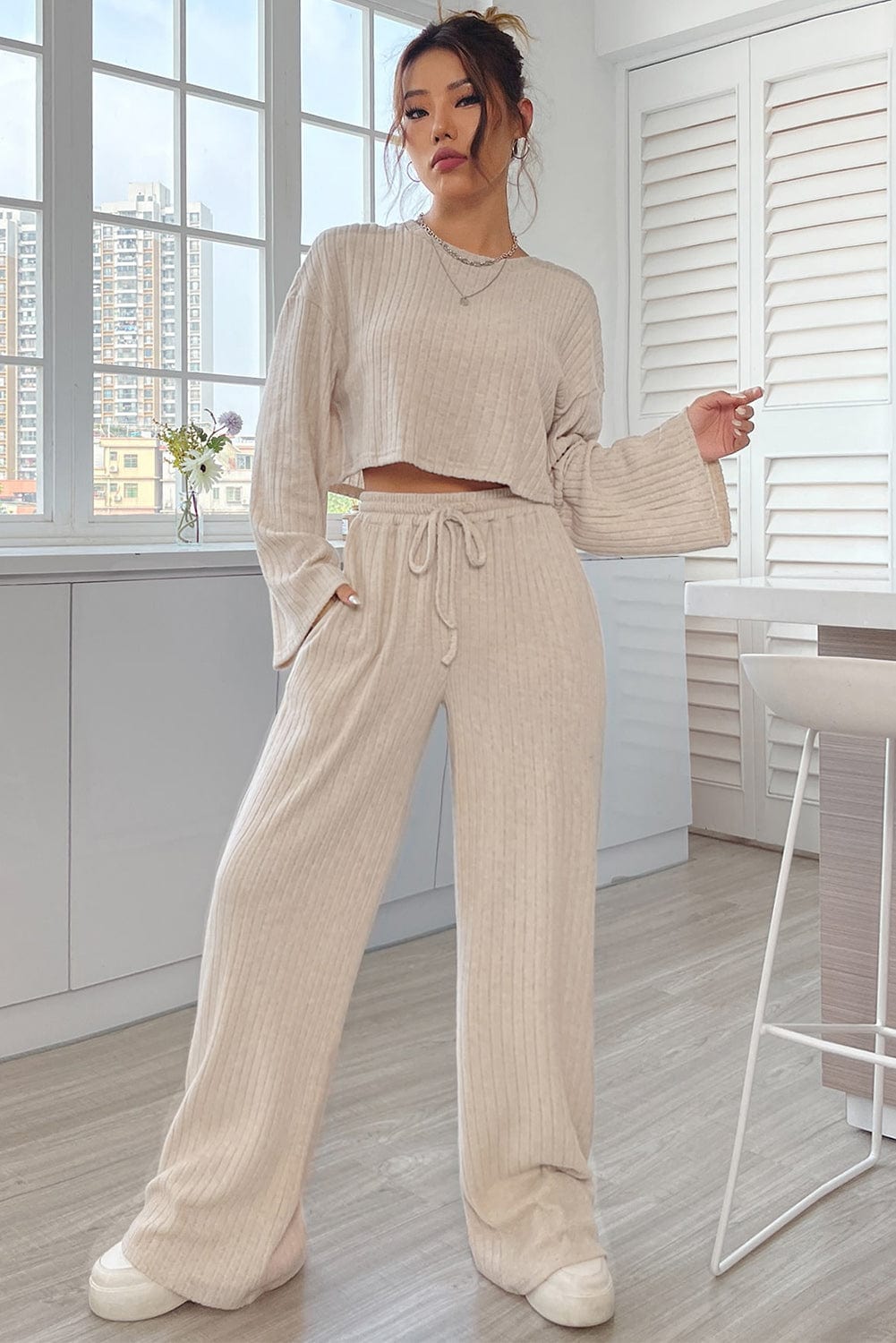 Shoppe EZR Loungewear Khaki Ribbed Knit Bell Sleeve Crop Top Drawstring Pants Set