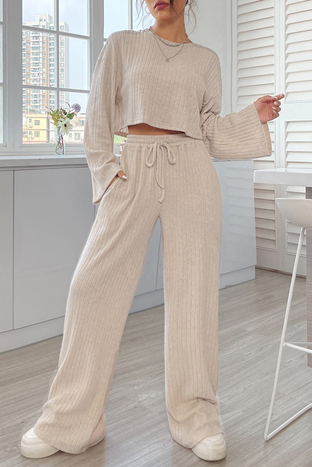 Shoppe EZR Loungewear Khaki / S / 85%Polyester+10%Viscose+5%Elastane Khaki Ribbed Knit Bell Sleeve Crop Top Drawstring Pants Set