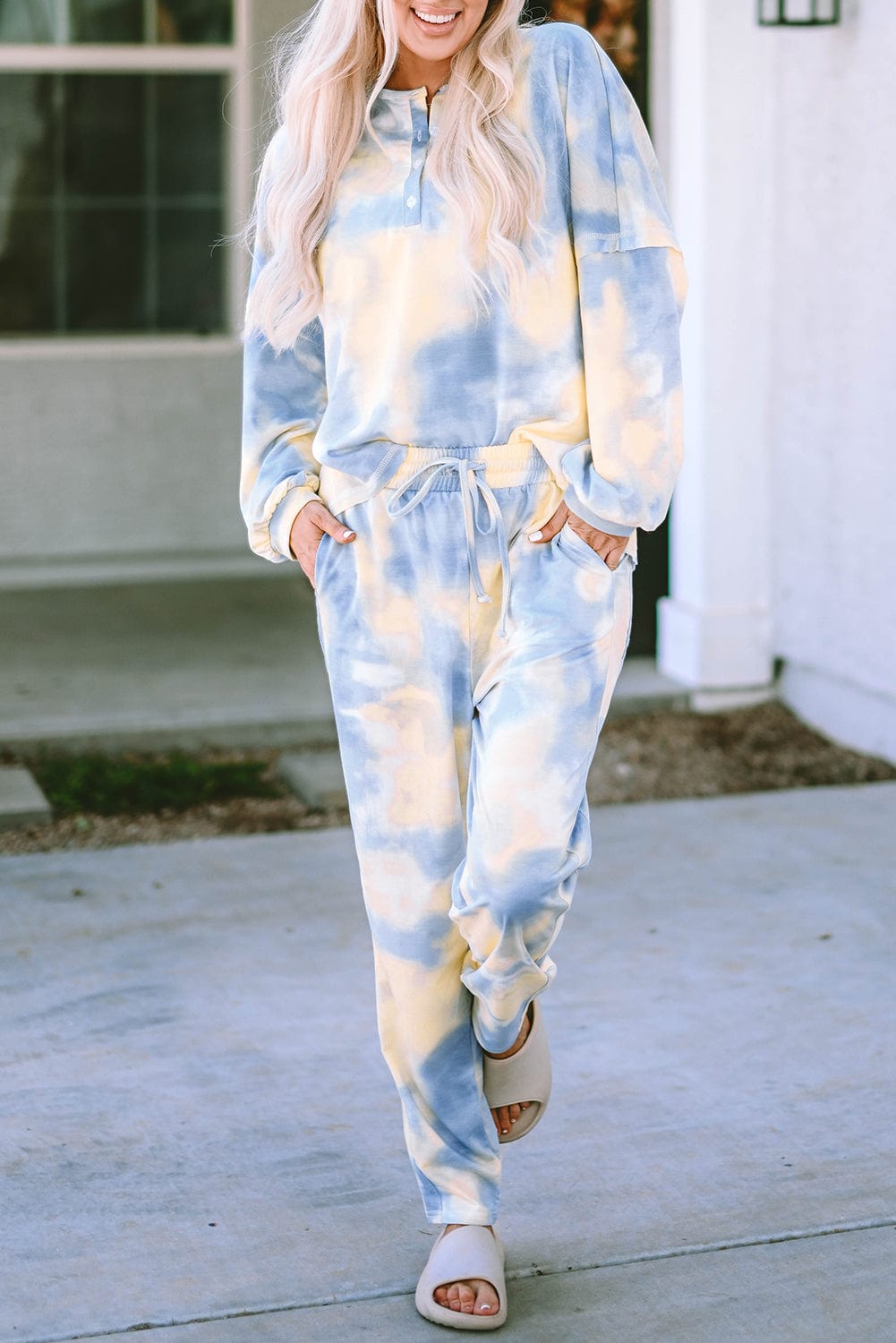 Shoppe EZR Loungewear Multicolor Tie Dye Henley Top and Drawstring Pants Outfit