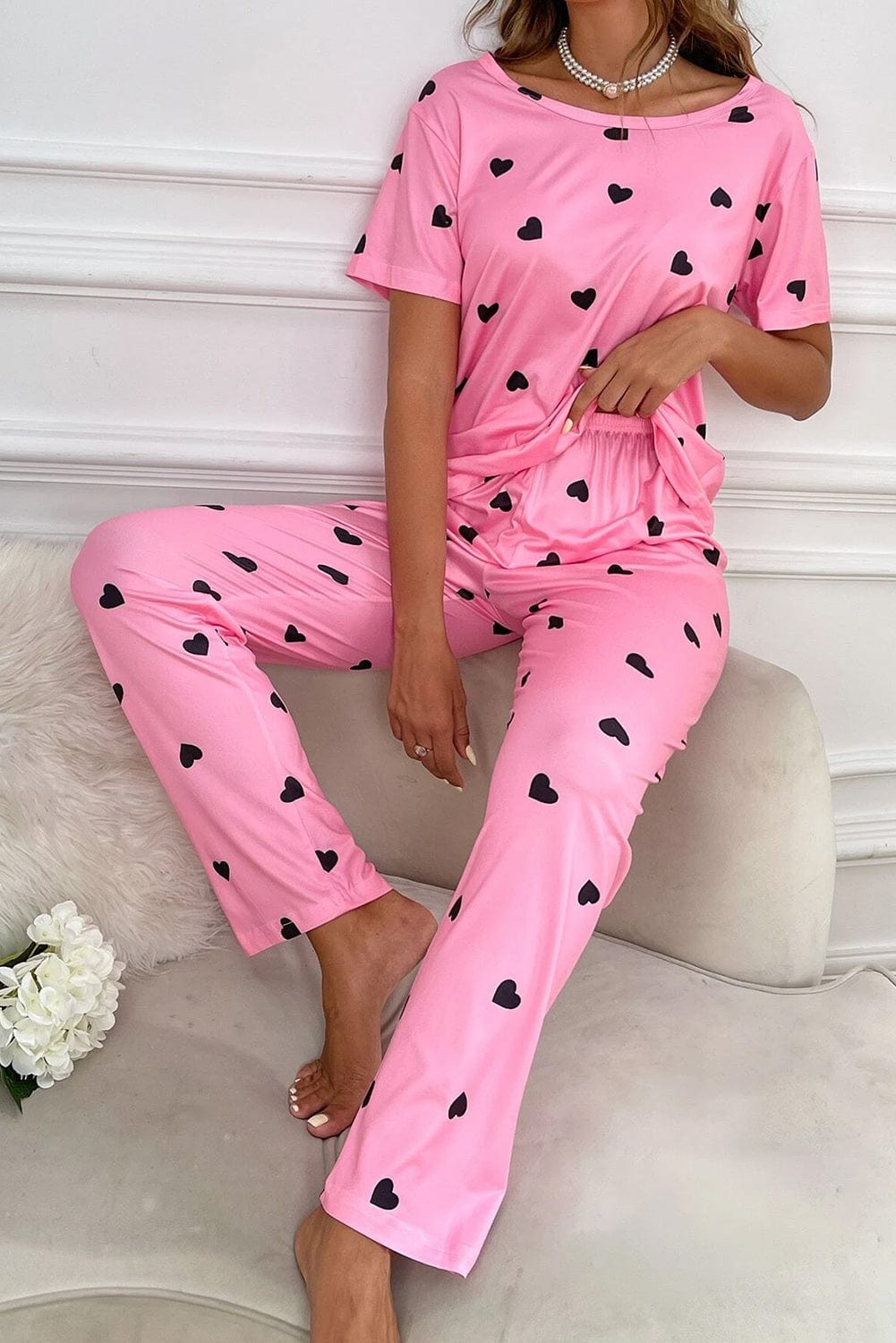 Shoppe EZR Loungewear Pink / L / 95%Polyester+5%Elastane Pink Valentines Heart Print Tee and Pants Lounge Set
