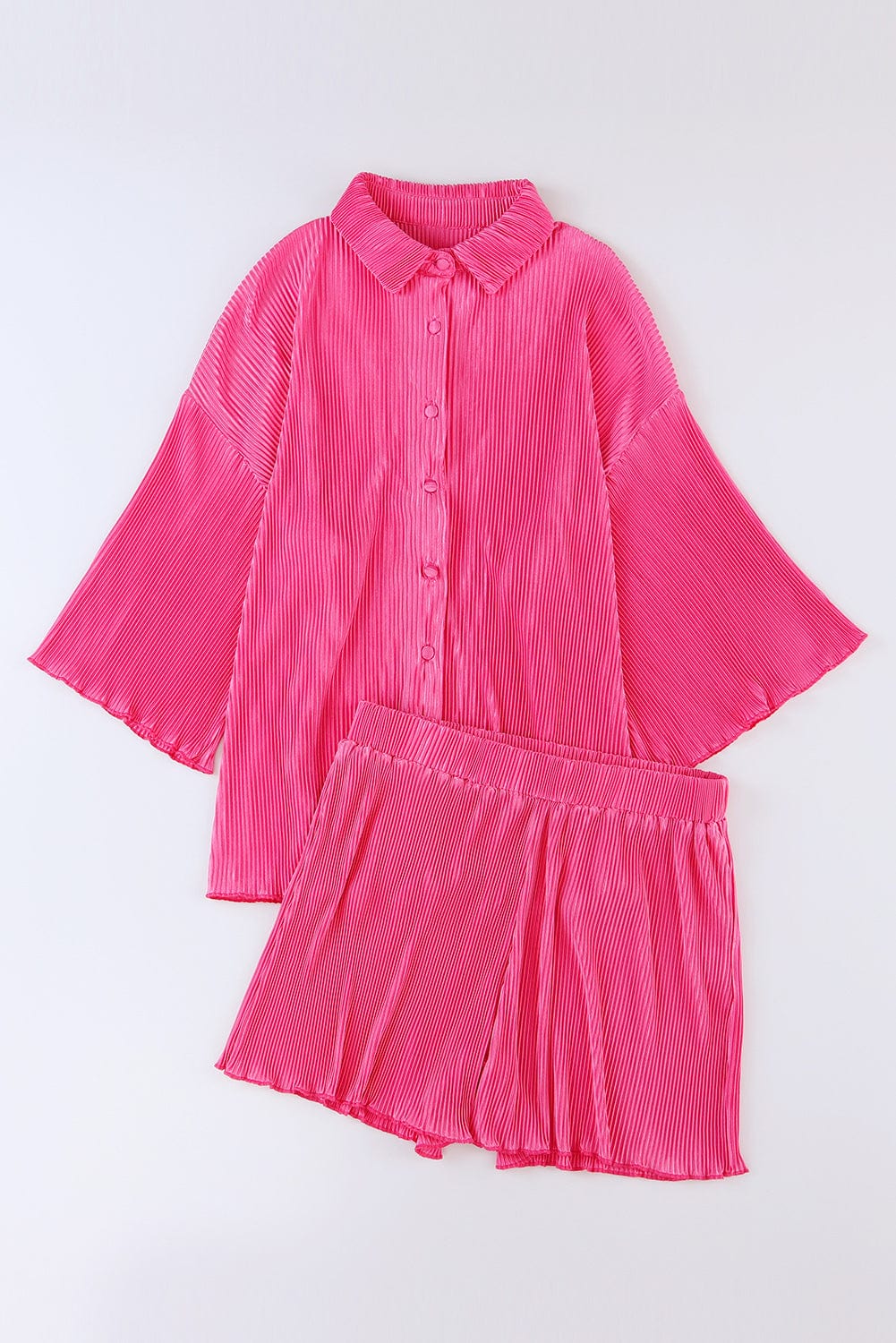 Shoppe EZR Loungewear Rose 3/4 Sleeves Pleated Shirt and High Waist Shorts Lounge Set